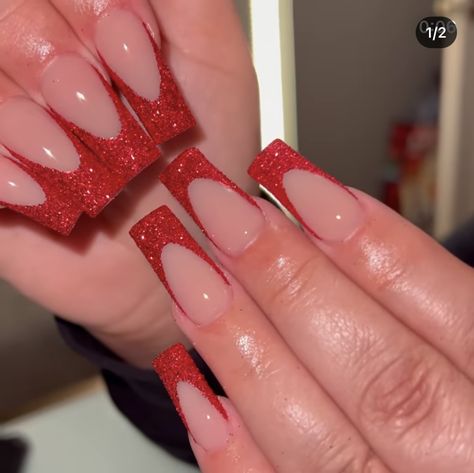 Maroon And Gold Nails Coffin, Cute Red Sparkly Nails, Red Tip Glitter Nails, Red And White Nails For Prom, Prom Nails Red French Tip, Long Square Acrylic Nails Red Glitter, Short Red Nails Design Sparkle, Red Nails Acrylic With Glitter, Red Nails Acrylic Ombre