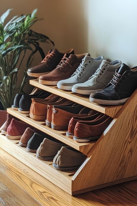 Build a custom DIY shoe organizer to keep your entryway tidy and stylish! A perfect project for small spaces. #DIYOrganization #ShoeStorage #EntrywayDecor Modern Shoe Rack Closet, Shoe Rack In Small Closet, Designer Shoe Rack Ideas, Shoes Space Ideas, Homemade Shoe Rack Entryway, Bedroom Shoe Rack Ideas, Simple Diy Shoe Rack, Maximize Shoe Storage, Diy Wooden Rack