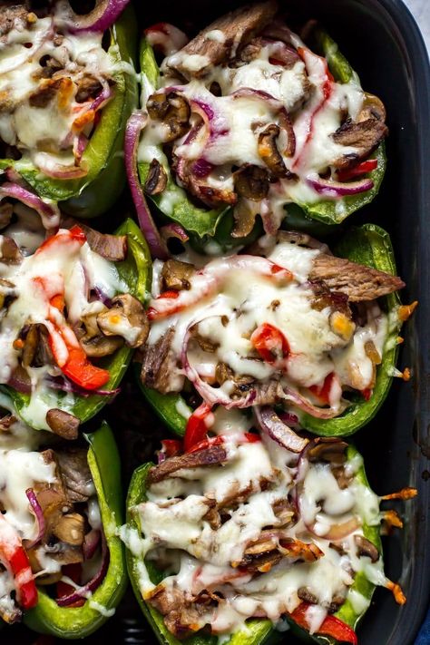 Philly Cheesesteak Stuffed Peppers | The Girl on Bloor Best Stuffed Pepper Recipe, Philly Cheesesteak Stuffed Peppers, Easy Stuffed Pepper Recipe, Cheesesteak Stuffed Peppers, Easy Stuffed Peppers, Philly Cheesesteak, Low Carb Dinner, Philly Cheese Steak, Peppers Recipes