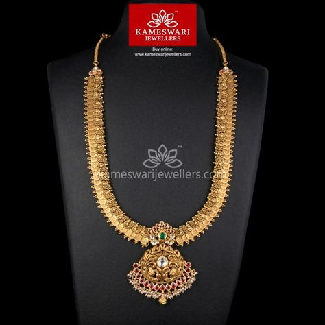 Kasu Mala Designs Gold, Kaasu Mala Gold Haram, Kasula Haram, Kameswari Jewellers, Haram Designs, Gold Temple Jewellery, Mala Jewelry, Gold Jewelry Outfits, Antique Gold Jewelry Indian