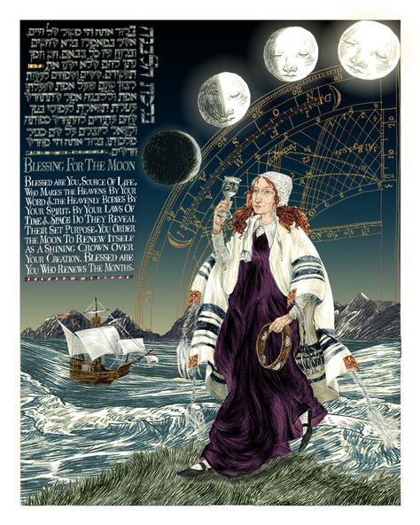 Birkat Ha-Levana: A Blessing For The New Moon by Ilene Winn-Lederer, from her book An Illumination of Blessings #tallit Judaism Art, Jewish Symbols, Jewish Heritage, Jewish Culture, Jewish History, Biblical Art, Jewish Holidays, Jewish Art, Mystical Art