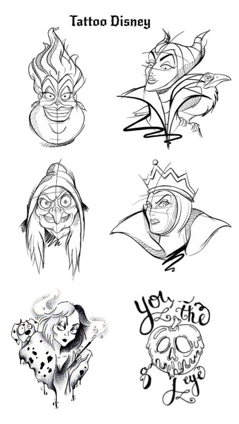 Maleficent Castle Tattoo, Disney Villain Tattoo Ideas, Disney Collage Tattoo, Simple Disney Drawings, Dark Disney Drawings, Hades Tattoo Disney, Disney Villains Tattoos, Cartoon Tattoos Disney, Disney Tattoo Drawings