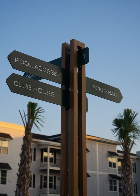 Custom Wayfinding Signage we fabricated for The Lorrel in Myrtle Beach, SC. Modern Signage Design Outdoor, Exterior Wayfinding Signage, Beach Signage, Architecture Signage, Resort Signage, Beach Props, Street Signage, Fun Signage, Environmental Branding