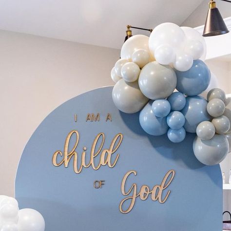 Brittney Andersen| Utah Florist & Balloon Designer on Instagram: "For my sweet little boy on his baptism day 🤍✨🩵 Backdrop & balloons: @brittney.designs “I AM A CHILD OF GOD” cutout: @lollieandmac #archbackdrop #balloongarland #utahballoons #ballonsandbackdrop #baptism #churchofjesuschristoflatterdaysaints" Baptism Backdrop Boy, Baptism Backdrop, Baby Dedication Party, Backdrop Balloons, Baby Boy Baptism, Baby Dedication, A Child Of God, Baptism Party, Girls Together