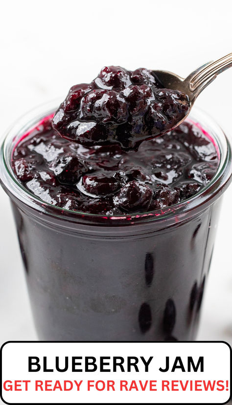 a glass jar has jam in it and a small spoon is scooping out of it. Blueberry Jam No Pectin, Canned Blueberries, Mango Jam, Blueberry Sauce, Blueberry Desserts, Berry Jam, Blueberry Jam, Dessert Toppings, Flavor Enhancers