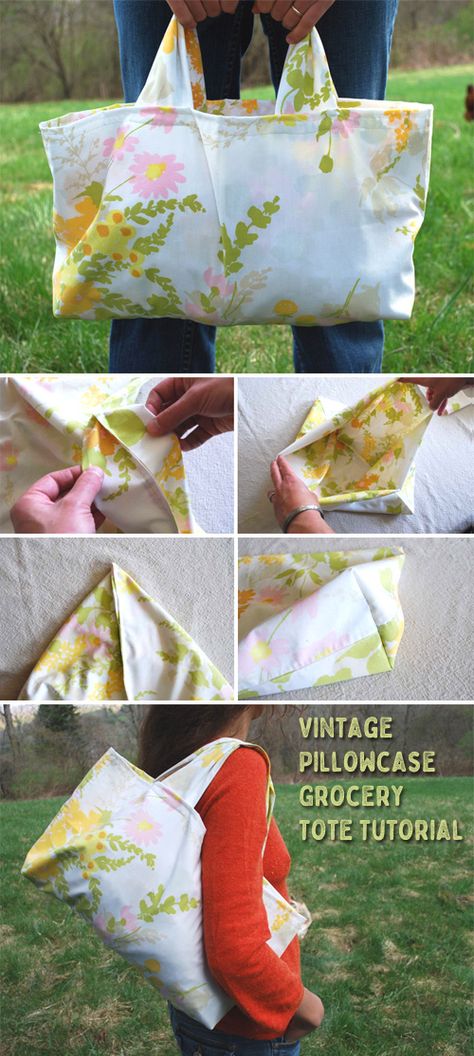 Vintage Pillowcase Grocery Tote Tutorial   ~ Step by step illustration. #bag #tutorial #sew #pattern #diy #sewideas #sewing #stepbystep #howto #sewingtutorial #handmade