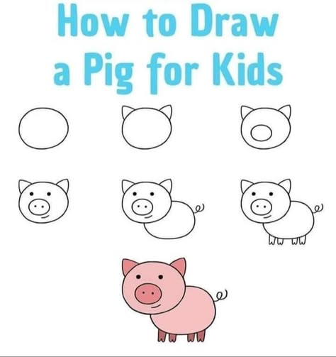 Pig Drawing Easy, Trin For Trin Tegning, Kindergarten Drawing, Drawing Ideas For Kids, Doodle Art For Beginners, Easy Animal Drawings, Easy Art For Kids, Drawing Lessons For Kids, Drawing Tutorials For Kids