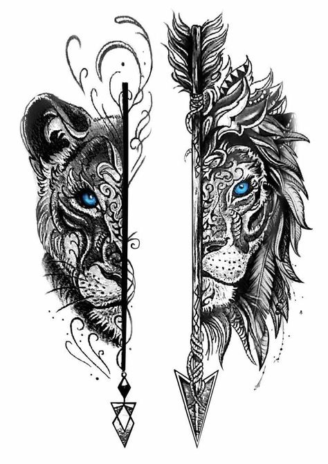 Lion His And Her Tattoos, His And Her Lion And Lioness Tattoo, His And Hers Lion Tattoos Couple Tat, Couples Sleeve Tattoos, Couples Tiger Tattoos, His And Hers Lion Tattoos, Lion Couple Tattoo Design, Native American Couple Tattoos, Lion And Lioness Tattoo Design