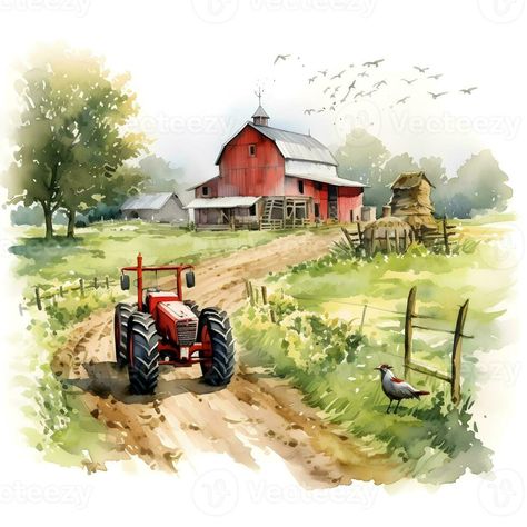 Old farm in the countryside watercolor hand drawn illustration. Tractor on a ranch among green hills, summer landscape. Farming business. Generative AI Farm Simple Drawing, Farm Truck Drawing, Farming Illustration, Countryside Watercolor, Farm Drawing, Farm Illustration, Play Cafe, Watercolor Farm, Farm Images