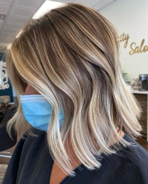 Summer To Fall Balayage, Partial Foil With Shadow Root, Grey Coverage Blonde Hair, Blonde Highlights With Brown Eyes, Dark Roots Blended Into Blonde Hair, Ash Brown Hair Blonde Money Piece, Brunette Balayage Hair Short Straight, Bronde Foilyage, Partial Foil Highlights Blondes