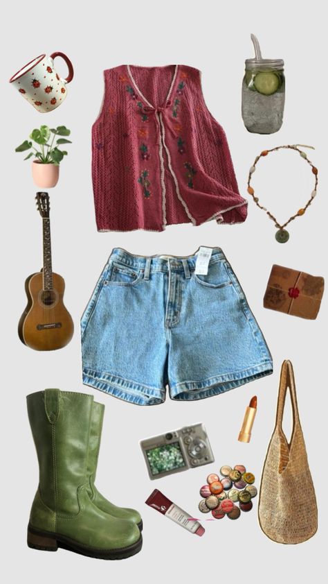 #myfirstshuffle Aesthetic Thrifted Outfits, Catalina Island Aesthetic Outfit, Hippie Going Out Outfits, Hippie Wedding Guest Outfit, Girly Granola Outfits, Vintage Thrift Aesthetic Outfits, Color Coded Outfits, Boho Wardrobe Essentials, What To Look For When Thrifting