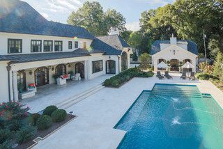 Poolside luxury at French Chateau in Charlotte, NC. Photo by Livengood Photographs [www.livengoodphotographs.com/design]. Photos owned by Durham Designs & Consulting, LLC. French Chateau Pool, French Pool, Mediterranean Pool, Mediterranean Exterior, Georgia House, Art For Room, Urban Farmhouse, French Chateau, By Charlotte