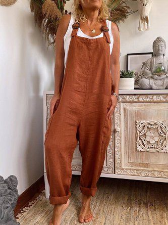 Brown Solid Cotton-Blend Sleeveless One-Pieces Linen Overalls, Estilo Hipster, Long Jumpsuit, Comfy Jumpsuits, Pocket Jumpsuit, Suspenders For Women, Long Romper, Linen Jumpsuit, Red Jumpsuit