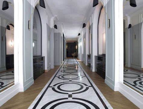 French Design Style, Arte Art Deco, Parisian Hotel, Lift Lobby, Marble Flooring Design, Hotel Corridor, Floor Tile Design, Art Deco Decor, Marble Flooring