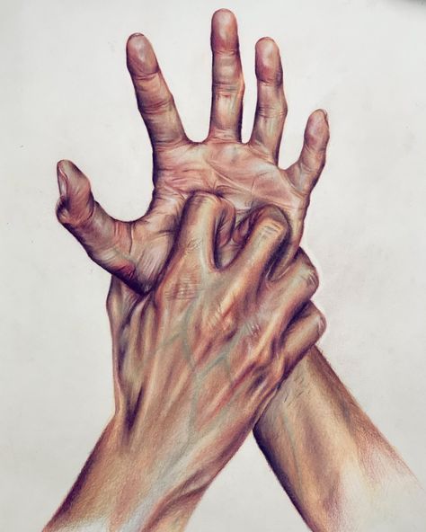 Hands Drawing Color, Realistic Hand Painting, Hand Collage Art, Hands In Art, Hands Pencil Drawing, Watercolor Hands, Easy Realistic Drawings, Hand Portrait, Hands Painting