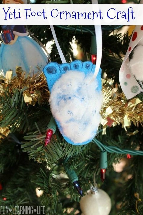 Abominable Snowman Craft, Yeti Birthday, Yeti Party, Christmas Tree Decorations For Kids, Foot Ornament, Homemade Christmas Tree Decorations, Homemade Christmas Ornaments Diy, Winter Crafts Preschool, Homemade Christmas Tree