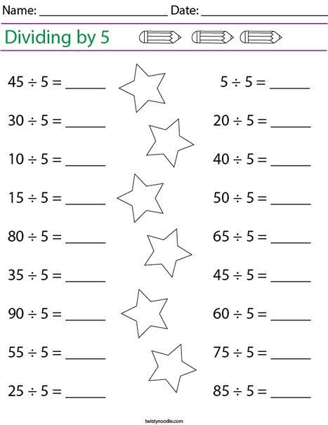 Dividing by 5 Math Worksheet - Twisty Noodle Divided By Math, Math For 5th Graders, Grade 2 Math Worksheets, Grade 5 Math Worksheets, Math English, Division Games, Maths Paper, 4th Grade Math Worksheets, Twisty Noodle