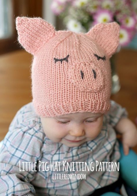 This Little Pig Hat with free printable knitting pattern! | For more easy and free baby knitting ideas, head to http://www.sewinlove.com.au/category/knitting/ Kids Animal Hats, Baby Hat Knitting Pattern, Nursery Patterns, Hat Knitting Pattern, Baby Hat Patterns, Baby Knitting Patterns Free, Baby Pigs, Hat Knitting, Animal Hats