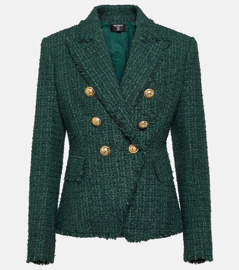 Green Tweed Blazer, Balmain Tweed, Balmain Blazer, Green Tweed, Green Blazer, Tweed Fabric, Double Breasted Jacket, Tweed Blazer, Clothing Size Chart