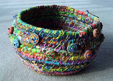 Fabric Bowl, Coiled Fabric Basket, Fabric Cat, Painted Fabric, Coiled Baskets, Fabric Bowls, Rope Basket, Fabric Baskets, Crochet Basket