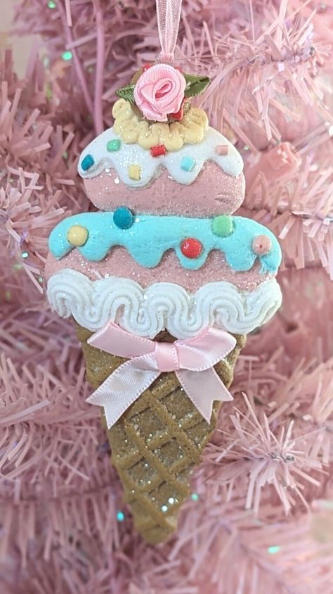 Shabby Chic Pink Roses Bow Gingerbread Cookie Ice Cream Cone Candyland Ornament Candyland Ornaments, Pink Gingerbread Christmas, Fake Baking, Christmas Cubicle, Faux Desserts, Clay Dough, Pink Gingerbread, Cookie Ice Cream, Fake Bakes