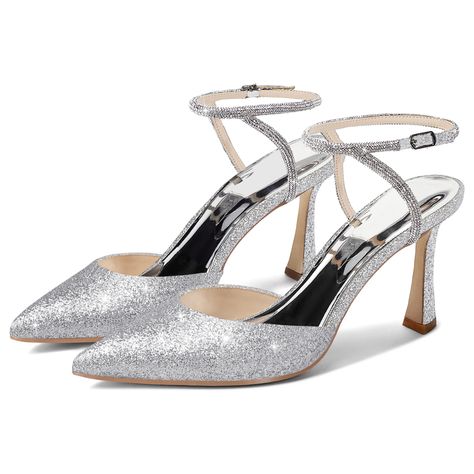 Silver rhinestone heels satin shoes pointed toe sandals Heels Kitten, Shoes Silver, Satin Shoes, Dress Skirts, Street Party, Pumps Heels Stilettos, Leggings Shorts, Rhinestone Heels, Wedding Dress Shoes