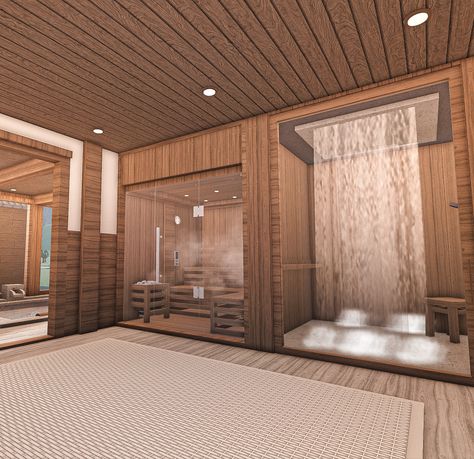 Bloxburg Sauna Ideas, Big Bloxburg Bathroom, Rooms In Bloxburg Ideas, Underground Garage Bloxburg, Bloxburg Workout Room Ideas, Log Cabin Bloxburg, Bloxburg Sauna, Bloxburg Workout Room, Bloxburg Waterfall