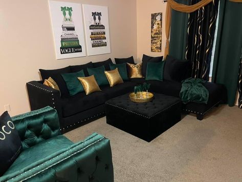 Emerald Green Gold And Black Living Room, Black And Gold Sofa Living Room, Two Piece Sofa Set Living Rooms, Emerald Green Brown And Gold Living Room, Green Gold Living Room Decor, Black And Emerald Green Living Room, Hunter Green Black And Gold Living Room, Green And Gold Living Room Ideas, Hunter Green Living Room Ideas