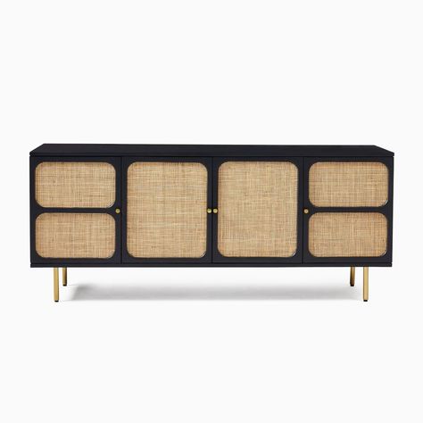 Ida Woven Media Console (68") | West Elm Mid Century Tv Console, Sofa Santai, Mid Century Tv, Leather Pillow, Kiln Dried Wood, Solid Mango Wood, Tv Console, Rattan Furniture, Media Console