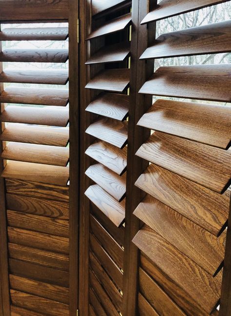 Wooden Jalousie Windows, Wooden Louvres, Living Room Shutters, Golden Oak Stain, Wooden Window Shutters, Louvre Doors, Louvre Windows, House Main Door, Slider Window