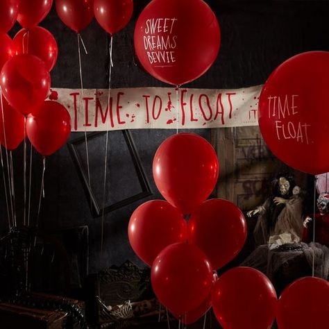 Pennywise Party Ideas from IT Chapter 2! | Party City Time To Float Pennywise, Pennywise Trunk Or Treat Ideas For Cars, It Halloween Party Theme, It Movie Decorations Halloween, Horror Themed 30th Birthday Party, Penny Wise Decorations, Red Halloween Decorations, Scary Halloween Party Ideas Decorations, Penny Wise Decorations Halloween