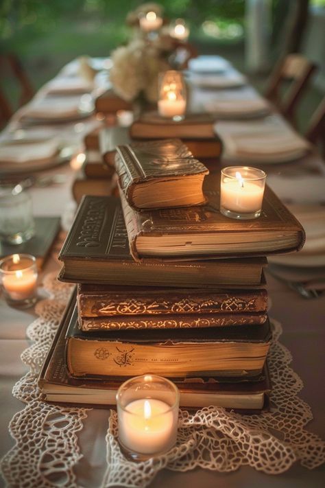 Transform your wedding tables into a storybook scene with our antique book centerpieces! 📚💒 Delicate lace runners and warm votive candles complete the romantic ambiance. Perfect for bibliophiles saying I do! #WeddingInspiration #VintageWedding #BookLover #RomanticDecor #WeddingIdeas #Candlelight #AntiqueChic #LaceDetails Let the love stories of old add charm to your special day! Antique Wedding Inspiration, Antique Forest Wedding, Elven Wedding Reception, Magical Fall Wedding, Rustic And Elegant Wedding Decor, Book And Candle Centerpieces, Lanterns And Books Centerpieces, Fortune Teller Wedding, Vintage Guest Book Table For Wedding