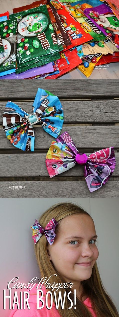 CANDY WRAPPER Hair Bows or Bowties! Upcycle, reuse, recycle candy bags! Candy Costumes, Candy Hair, Candy Wrapper, Diy Bows, Candy Crafts, Neck Accessories, Candy Bar Wrappers, Candy Wrappers, Recycled Fashion