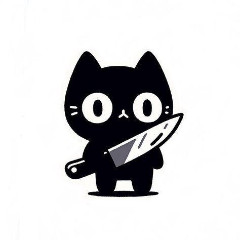 Black Fluffy Cat Drawing, Black Cat Chibi, Black Cat Doodles, Black Cats Aesthetic, Chibi Cats, Black Cat Pfp, Knife Cat, Black Cat Drawing, Black Cat Aesthetic