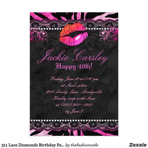 311 Lace Diamonds Birthday Party Zebra Pink Lips Invitation Makeup Birthday Party, Purple Invitations, Elegant Birthday Party, Sweet Sixteen Invitations, Sweet Sixteen Parties, Adult Birthday Invitations, Lace Wedding Invitations, Carton Invitation, Sweet 16 Invitations