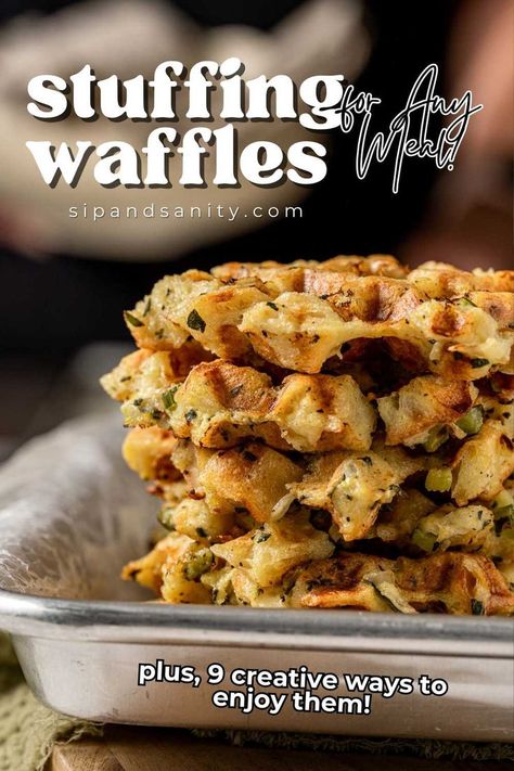 Craving Thanksgiving flavors year-round? These Stuffing Waffles are your answer! Crispy, herby, and perfect for any meal. Learn how to make, store, and serve these versatile waffles. Waffle Stuffing Recipe, Stuffing Waffles Thanksgiving, Thanksgiving Leftover Waffles, Stuffing Waffles Recipe, Waffle Recipe Savory, Dressing Waffles, Thanksgiving Waffles, Leftover Stuffing Waffles, Stuffing Waffles