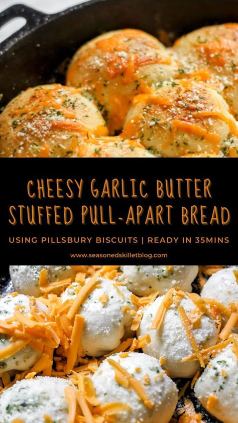 Garlic Bread Bites With Biscuits, Garlic Cheese Bread Pull Apart, Cheese Stuffed Biscuits Garlic Butter, Pillsbury Country Biscuit Recipes, Cheesy Pull Apart Bread Biscuits, Pull Apart Cheesy Bread, Pillsbury Biscuit Recipes, Pull Apart Cheese Bread, Country Biscuits