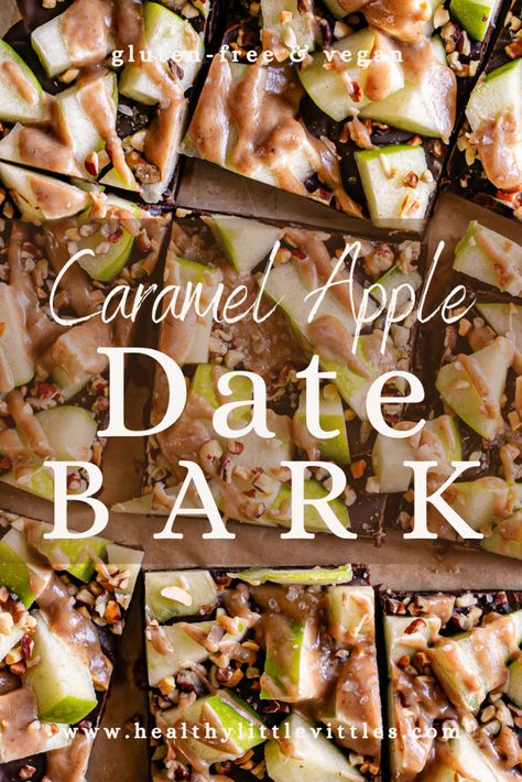 Date Bark Recipe Healthy, Apple Dates Recipes, Date Caramel Dessert, Date Caramel Apples, Date Caramel Recipe, Date Bark Recipe, Date Bark, Caramel Apple Snacks, Caramel Apple Bark