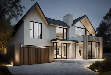 A rendering of a modern house with a large patio and a wooden fence - SeaArt AI Contemporary Gable Roof, House Rendering Ideas Uk, Modern Scandinavian House Exterior, Organic Modern Home Exterior, Scandinavian House Design Exterior, Scandinavian Exterior House, Scandinavian House Exterior, Modern Scandinavian House, Scandinavian Exterior