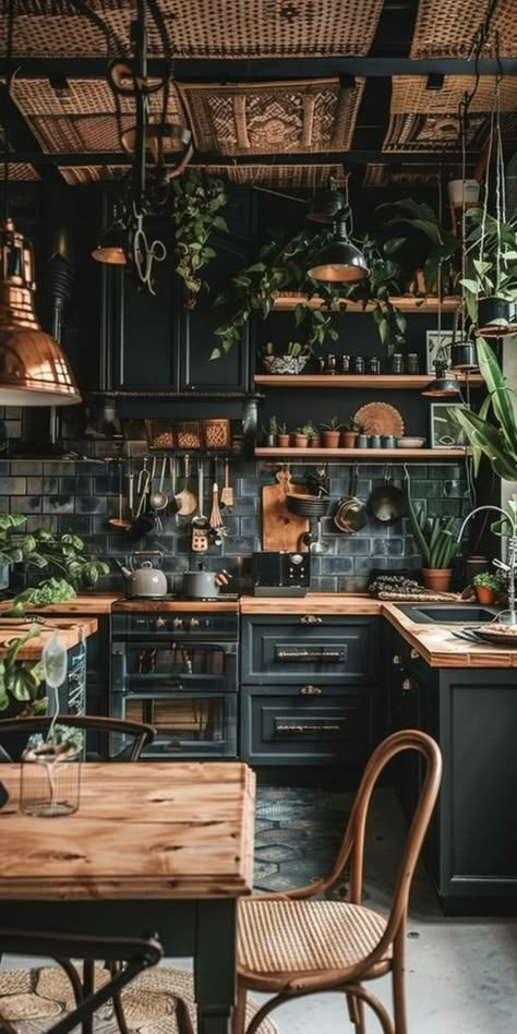 Black Wall Kitchen Wood Cabinets, Moody Themed Kitchen, Boho Kitchen Black Cabinets, Dark Cozy Kitchen Aesthetic, Dark Apartment Aesthetic Kitchen, Gothic Cottagecore Aesthetic Kitchen, Light Academia Aesthetic Interior Design, Goblincore Dining Room, Dark Green And Brass Kitchen