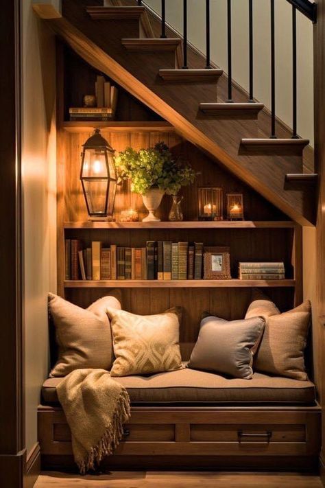 Library Goals, Closet Library, Stair Bookshelf, Farmhouse Rooms, Cabin Interior Design, Cabin Living Room, Dream Library, Cabin Living, House On The Rock