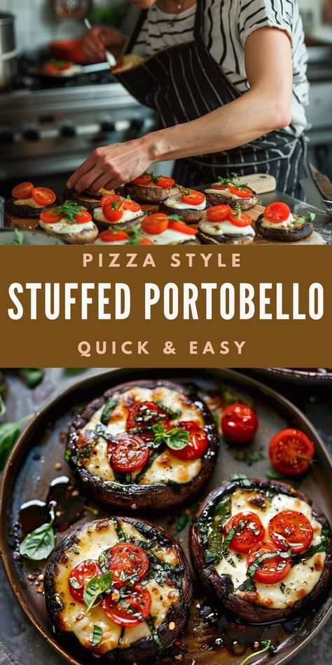 A person prepares pizza-style stuffed portobello mushrooms, topped with tomatoes, cheese, and fresh herbs, showcasing a delicious and healthy vegetarian dish. Portabella Mushroom Pizza, Portabella Pizza, Portobello Mushroom Pizza, Portobello Pizza, Stuffed Portobello Mushrooms, Stuffed Portobello, Pizza Style, Portobello Mushroom, Delicious Pizza