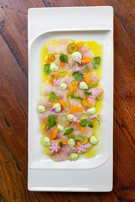 Red Snapper Sashimi, Red Snapper Ceviche, Shrimp Crudo, Red Snapper Ceviche Recipe, Yellowtail Crudo, Seasoned Nuts, Red Snapper Recipes, Snapper Recipes, Sushi Menu