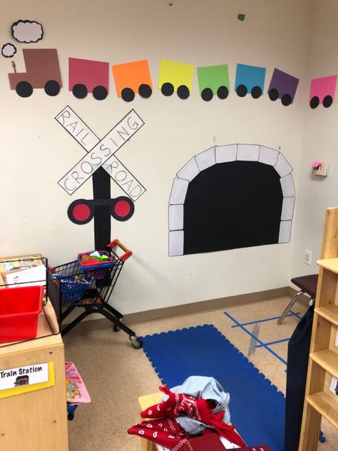 Train Track Activities For Preschool, Train Stem Activities Preschool, Sign Study Dramatic Play, Road Signs Crafts For Preschool, Train Theme For Preschool, Trains Preschool Theme, Train Provocations, Train Preschool Theme, Bus Station Dramatic Play