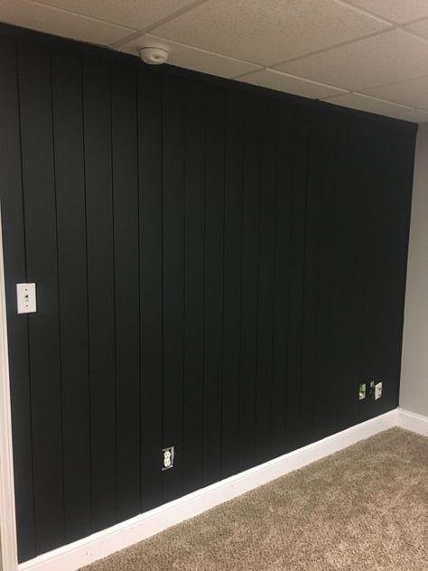 Black Farmhouse Wall, Black Accent Wall With Gray Walls, Black Panels Wall, Scandinavian Shiplap Wall, Black Vertical Shiplap Bedroom, Horizontal And Vertical Shiplap On Same Wall, Shiplap Wall Black, Black Shiplap Wallpaper, Black Vertical Shiplap Wall