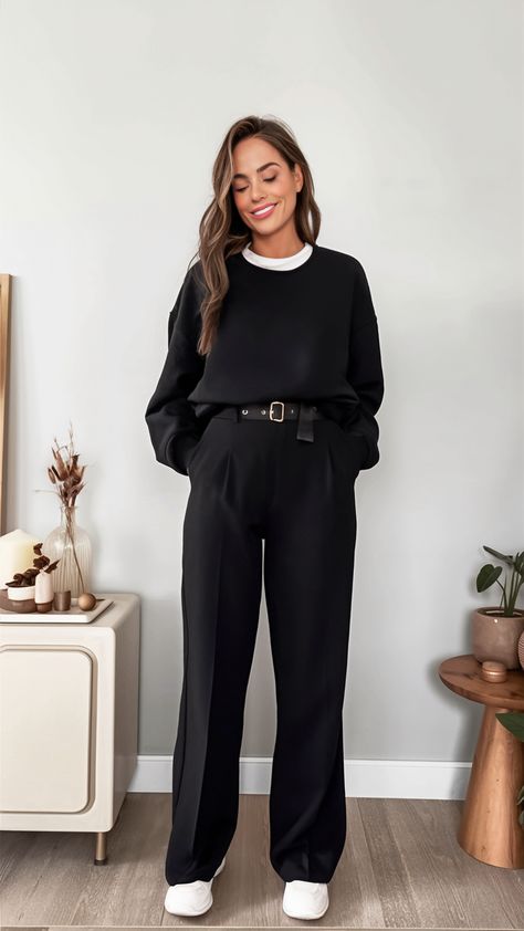 Chic and Comfortable: 2025's Top Mom Outfit Ideas Black Trouser White Sneaker, Black Crewneck Sweatshirt Outfit, Black Trousers Outfit, Chic Mom Outfits, Mom Outfit Ideas, Mom Outfits Winter, Crewneck Sweatshirt Outfit, Classic White Sneakers, Mom Outfits Spring