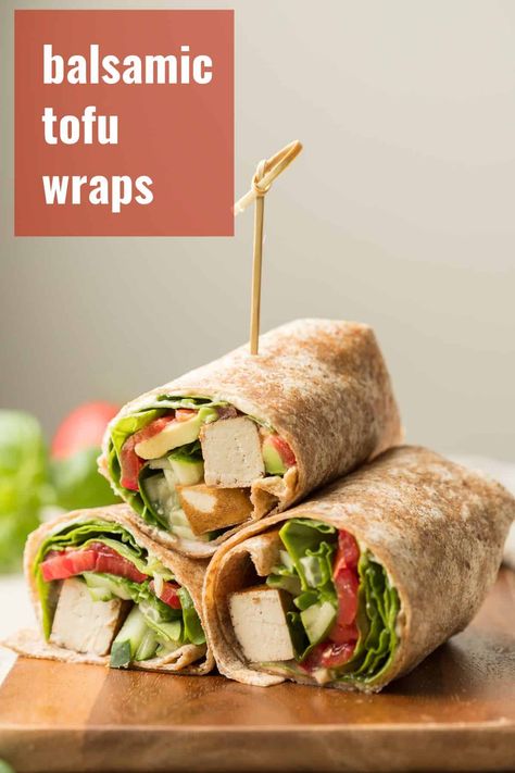 These delicious vegan wraps are stuffed with balsamic tofu, fresh veggies, and creamy hummus! Perfect from everything from easy dinners to packed school lunches. Tofu Hummus, Tofu And Avocado, Balsamic Tofu, Tofu Wrap, Tofu Wraps, Vegan Info, Vegan Sandwich Recipes, Healthy Vegan Dinner Recipes, Creamy Hummus