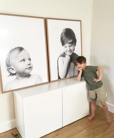 Kids Portraits On Wall, Family Portraits On Wall, Black And White Family Portraits, Kids Art Display Wall, Art Display Wall, Picture Gallery Wall, Family Photo Wall, Condo Furniture, Baby Frame