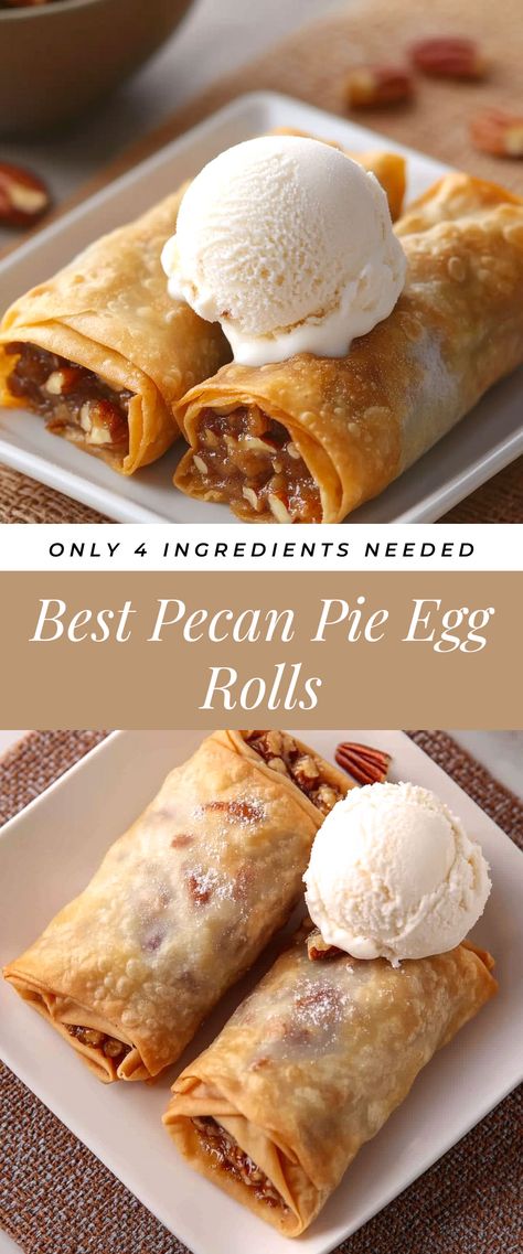 Image for Best Pecan Pie Egg Rolls Peach Pie Egg Rolls, Rolled Desserts, Thanksgiving Rolls, Egg Rolls Recipe, Best Pecan Pie, No Egg Desserts, Egg Roll Recipes, Pecan Pie Recipe, Sugar Free Syrup