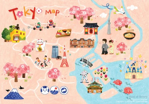 Tokyo Travel Map on Behance Japan Scrapbook, Maps Illustration Design, Maps Illustration, Tokyo 2023, Japan Honeymoon, Tokyo Map, Japan Icon, Illustration Map, Idea Sticker